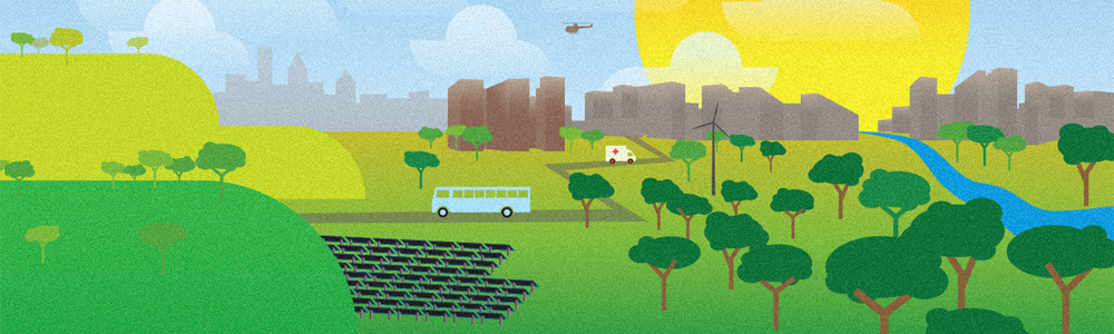 An illustration with a texture like recycled paper shows colorful green hills, solar panels, and a hospital building and city skyline.